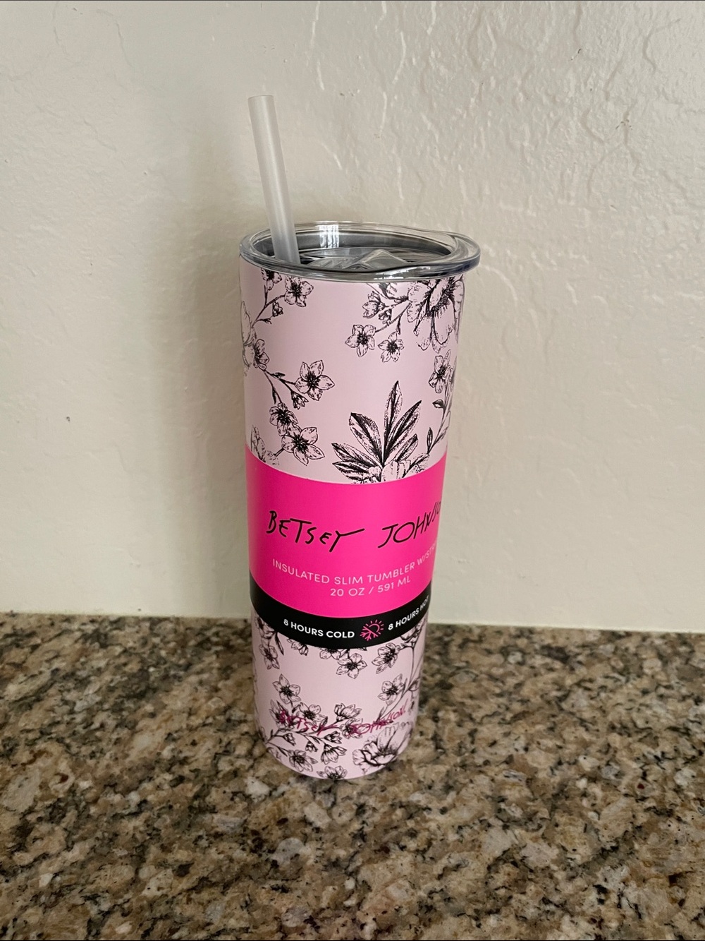 Betsey Johnson Pink Floral Insulated Slim Tumbler with Straw